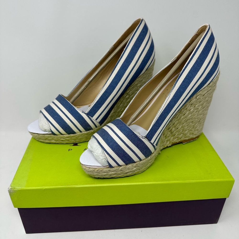 Paco Gil BLUE STRIPE Canvas Peep-toe Espadrille Wedge NEW In Box!! Sz 10M